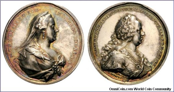 1717-1780 Austria Maria Theresa of Habsburg Medal by A. Wideman. Silver 39.68MM
Obv: Bust of Maria Theresa to right. Signed I. VVURTH.F. Legend M.THERESIA D.G.ROM.IMP.HUNG.& BOH.RE.A.A.  Rev: Bust of Franz Stephan to right. Signed F.VVURTH.F. Legend PRANCISCVS D.G.ROM.IMP.S.A.GERM.HIER.REX.LOTH.BAR.ET.M.HET.DVX.