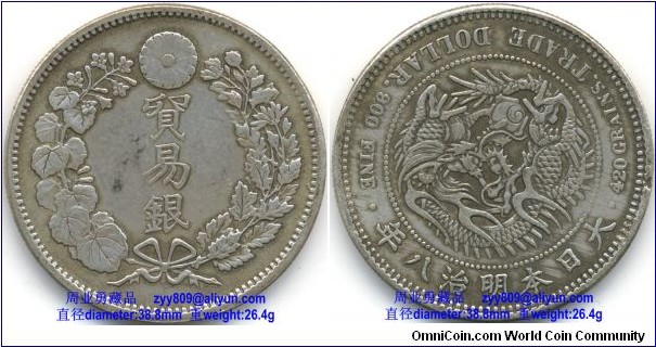 1875 Japan’s Dragon Silver Trade Dollar Coin. Obverse: [Kanji or Japanese ideograph] Silver Trade Dollar, circled with a wreath of sakura or Japanese cherry); Reverse: 420 GRAINS. TRADE DOLLAR. 900 FINE. /[Kanji or Japanese ideograph] 8th Year of Meiji, Japan. -spiral on pearl with a dragon in curling in clockwise direction from the center. 大日本明治八年贸易银币