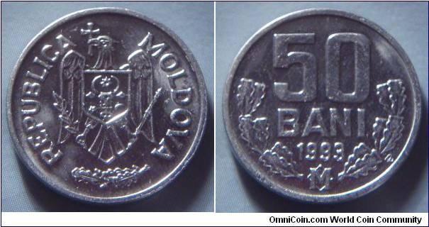Moldova | 
50 Bani, 1993 | 
19 mm, 1.07 gr. | 
Aluminium | 

Obverse: National Coat of Arms | 
Lettering: REPUBLICA MOLDOVA | 

Reverse: Denomination, date below | 
Lettering: 50 BANI 1993 |