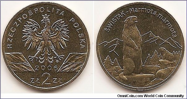 2 Zlote
Y#534
8.1500 g., Brass, 27 mm. Subject: Animals of the World Obv: An image of the eagle established as the emblem of the republic of Poland. Below the eagle, the notation of the year of issue: 2010, underneath, an inscription:zŁ 2 zŁ. On the sides of the eagle’s legs stylised images of the national flag of the republic of Poland. At the top a semicircular inscription: RZECZPOSPOLITA POLSKA (republic of Poland). the mint’s mark: M/W, under the eagle’s left leg Rev: On the left-hand side, an image of an adult marmot standing on its hind legs. On the right-hand side, an image of a young marmot sitting on a mountain rock. In the background, a stylised image of a mountain landscape. At the top, a semicircular inscription, ŚWISTAK – Marmota marmota. Edge: An inscription, NBP, eight times repeated, every second one inverted by 180 degrees, separated by stars. Obverse designer: Ewa Tyc-Karpińska Reverse designer: Andrzej Nowakowski
