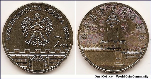 2 Zlote
Y#528
8.1500 g., Brass, 27 mm. Subject: Historical Cities in Poland Obv: In the central part of the image of the Eagle established as the State Emblem of the Polish Republic. On the right side the inscription: 2Zł. A semicircular inscription: REPUBLIC OF POLAND and the year of issue, 2005. Below the Eagle, a stylized fragment of the old city wall with battlements and from the gateway of the gaping gate, with a raised trellis in the lumen. Under the left talon of the Eagle the Mint mark: MW Rev: A stylized image of a lighthouse in Kolobrzeg. A semicircular inscription: KOŁOBRZEG Edge: an inscription: NBP, repeated eight times, every second one inverted by 180 degrees, separated by stars. Obv. designer: Ewa Tyc-Karpińska Rev. designer: Robert Kotowicz