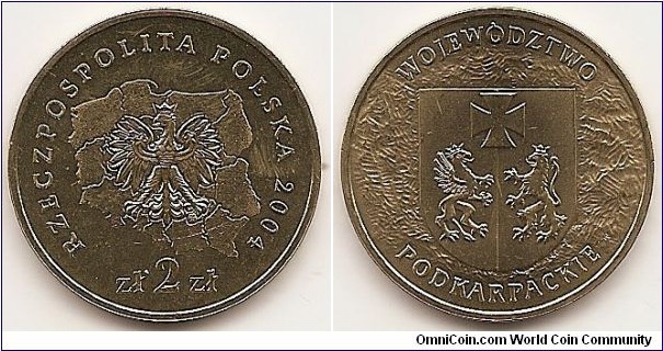 2 Zlote
Y#490
8.1500 g., Brass, 27 mm. Subject: Voivodships' arms Obv: National arms on outlined map. Obv. Legend: RZECZPOSPOLITA POLSKA The Mint's mark, M/W, under the Eagle's left leg. Rev: Region arms. Rev. Legend: WOJEWODZTWO PODKARPACKIE Edge: : An inscription, NBP, eight times repeated, every second one inverted by 180 degrees, separated by stars. Obv. designer: Urszula Walerzak Rev. designer: Roussanka Nowakowska