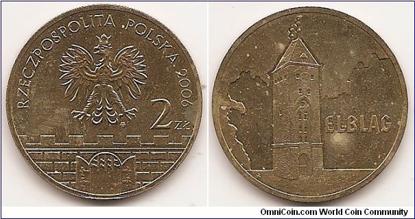 2 Zlote
Y#546
8.1500 g., Brass, 27 mm. Subject: Historical Cities in Poland Obv: In the central part of the image of the Eagle established as the State Emblem of the Polish Republic. On the right side the inscription: 2Zł. A semicircular inscription: REPUBLIC OF POLAND and the year of issue, 2005. Below the Eagle, a stylized fragment of the old city wall with battlements and from the gateway of the gaping gate, with a raised trellis in the lumen. Under the left talon of the Eagle the Mint mark: MW Rev: A stylized image of the Market Gate. In the background on the right side outline of buildings, the left of the stylized images of trees. On the right side the inscription: ELBLĄG Edge: an inscription: NBP, repeated eight times, every second one inverted by 180 degrees, separated by stars. Obv. designer: Ewa Tyc-Karpińska Rev. designer: Roussanka Nowakowska