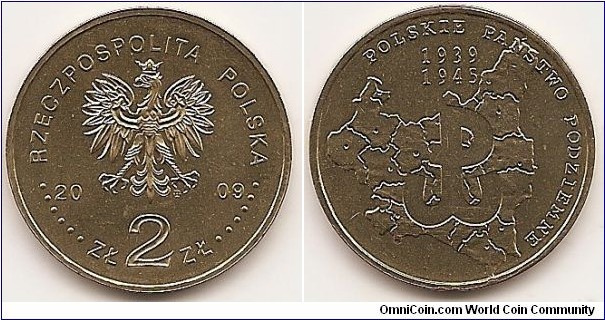 2 Zlote
Y#707
8.1500 g., Brass, 27 mm. Subject: 70th anniversary of creating the Polish underground state. Obv: Image of the Eagle established as the State Emblem of the Republic of Poland, at the sides of the Eagle the notation of the year of issue, 20-09, underneath the Eagle, an inscription, ZŁ 2 ZŁ, in the rim an inscription: RZECZPOSPOLITA POLSKA, preceded and followed by six pearls. The Mint’s mark under the Eagle’s left leg: M/W Rev: In the central part, an image of the Fighting Poland emblem. In the background a stylised image of a map with the Republic of Poland as at 1939, with the division into Home Army regions. Above, an inscription: 1939/1945. A semicircular inscription: POLSKIE PAŃSTWO PODZIEMNE (The Polish Underground State). Edge: An inscription, NBP, eight times repeated, every second one inverted by 180 degrees, separated by stars. Obverse designer: Ewa Tyc-Karpińska Reverse designer: Urszula Walerzak
