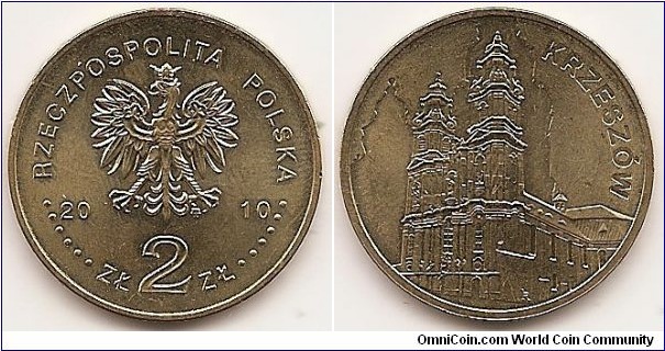 2 Zlote
Y#744
8.1500 g., Brass, 27 mm. Subject: Historical monuments of the Republic of Poland. Obv: Image of the Eagle established as the State Emblem of the Republic of Poland, at the sides of the Eagle the notation of the year of issue, 20-10, underneath the Eagle, an inscription, ZŁ 2 ZŁ, in the rim an inscription: RZECZPOSPOLITA POLSKA, preceded and followed by six pearls. The Mint’s mark under the Eagle’s left leg: M/W Rev: In the centre, a stylised image of the Minor Basilica of the Assumption of the Blessed Virgin Mary in Krzeszow. On the right, a semicircular inscription: KRZESZÓW. Edge: An inscription, NBP, eight times repeated, every second one inverted by 180 degrees, separated by stars. Obv. designer: Ewa Tyc-Karpińska Rev. designer: Robert Kotowicz