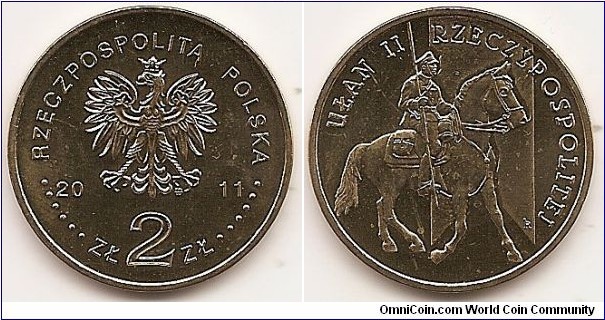 2 Zlote
Y#780
8.1500 g., Brass, 27 mm. Subject: History of the Polish Cavalry. Obv: Image of the Eagle established as the State Emblem of the Republic of Poland, at the sides of the Eagle the notation of the year of issue, 20-11, underneath the Eagle, an inscription, ZŁ 2 ZŁ, in the rim an inscription: RZECZPOSPOLITA POLSKA, preceded and followed by six pearls. The Mint’s mark under the Eagle’s left leg: M/W Rev: in the centre, against a stylised pennant, stylised image of a mounted uhlan wielding a lance. Above, semicircular inscription: UŁAN II RZECZYPOSPOLITEJ (Uhlan of the 2nd republic). Edge: An inscription, NBP, eight times repeated, every second one inverted by 180 degrees, separated by stars. Obv. designer: Ewa Tyc-Karpińska Rev. designer: Robert Kotowicz