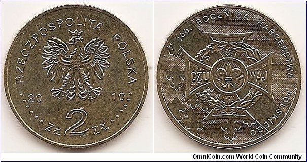 2 Zlote
Y#725
8.1500 g., Brass, 27 mm. Subject: 100th ANNIVERSARY OF POLISH SCOUTING. Obv: Image of the Eagle established as the State Emblem of the Republic of Poland, at the sides of the Eagle the notation of the year of issue, 20-10, underneath the Eagle, an inscription, ZŁ 2 ZŁ, in the rim an inscription: RZECZPOSPOLITA POLSKA, preceded and followed by six pearls. The Mint’s mark under the Eagle’s left leg: M/W Rev: In the centre, a stylised image of the Scouting Cross. In the background, to the left and at the bottom, stylised outlines of the Scouting Fleur-de-lis. At the top in the rim an inscription: 100. ROCZNICA HARCERSTWA POLSKIEGO (100th anniversary of Polish scouting). Edge: An inscription, NBP, eight times repeated, every second one inverted by 180 degrees, separated by stars. Obv. designer: Ewa Tyc-Karpińska Rev. designer: Dominika Karpińska-Kopiec