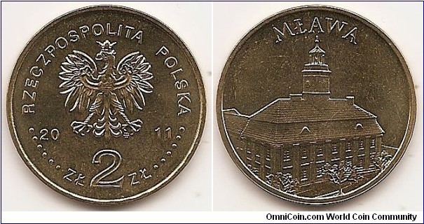 2 Zlote
Y#788
8.1500 g., Brass, 27 mm. Subject: Cities and towns in Poland. Obv: Image of the Eagle established as the State Emblem of the Republic of Poland, at the sides of the Eagle the notation of the year of issue, 20-11, underneath the Eagle, an inscription, ZŁ 2 ZŁ, in the rim an inscription: RZECZPOSPOLITA POLSKA, preceded and followed by six pearls. The Mint’s mark under the Eagle’s left leg: M/W Rev: In the centre, a stylised image of the view of the Town Hall in Mława. Above, a semicircular inscription: MŁAWA. Edge: An inscription, NBP, eight times repeated, every second one inverted by 180 degrees, separated by stars. Obv. designer: Ewa Tyc-Karpińska Rev. designer: Dobrochna Surajewska