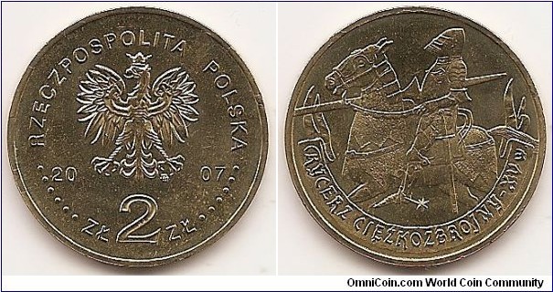2 Zlote
Y#611
8.1500 g., Brass, 27 mm. Subject: History of the Polish Cavalry. Obv: Image of the Eagle established as the State Emblem of the Republic of Poland, at the sides of the Eagle the notation of the year of issue, 20-07, underneath the Eagle, an inscription, ZŁ 2 ZŁ, in the rim an inscription: RZECZPOSPOLITA POLSKA, preceded and followed by six pearls. The Mint’s mark under the Eagle’s left leg: M/W Rev: Stylized image of a heavy armoured mounted horseman with a lance. At the bottom on the sash, a semicircular inscription, RYCERZ CIĘŹKOZBROJNY (heavy armoured mounted horseman) – XV w.   Edge: An inscription, NBP, eight times repeated, every second one inverted by 180 degrees, separated by stars. Obv. designer: Ewa Tyc-Karpińska Rev. designer: Roussanka Nowakowska