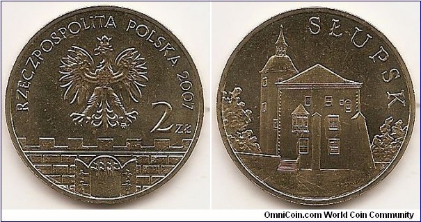 2 Zlote
Y#620
8.1500 g., Brass, 27 mm. Subject: Historical Cities in Poland Obv: In the central part of the image of the Eagle established as the State Emblem of the Polish Republic. On the right side the inscription: 2Zł. A semicircular inscription: RZECZPOSPOLITA POLSKA and the year of issue, 2007. Below the Eagle, a stylized fragment of the old city wall with battlements and from the gateway of the gaping gate, with a raised trellis in the lumen. Under the left talon of the Eagle the Mint mark: MW Rev: The image of the Pomeranian Dukes Castle in Slupsk. On the left and on the right stylized images of green. At the top right of the semicircular inscription: SŁUPSK. Edge: an inscription: NBP, repeated eight times, every second one inverted by 180 degrees, separated by stars. Obv. designer: Ewa Tyc-Karpińska Rev. designer: Roussanka Nowakowska