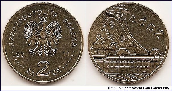 2 Zlote
Y#804
8.1500 g., Brass, 27 mm. Subject: Cities and towns in Poland. Obv: Image of the Eagle established as the State Emblem of the Republic of Poland, at the sides of the Eagle the notation of the year of issue, 20-11, underneath the Eagle, an inscription, ZŁ 2 ZŁ, in the rim an inscription: RZECZPOSPOLITA POLSKA, preceded and followed by six pearls. The Mint’s mark under the Eagle’s left leg: M/W Rev: At the bottom, against the background of a stylised element of elevation, a fragment of the Palace of Izrael Kalmanowicz Poznański in Łódź. At the top right side, semi-circular inscription: ŁÓDŹ. Edge: An inscription, NBP, eight times repeated, every second one inverted by 180 degrees, separated by stars. Coin designer: Ewa Tyc-Karpińska