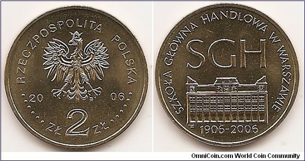 2 Zlote
Y#609
8.1500 g., Brass, 27 mm. Subject: the centenary of the Warsaw School of Economics. Obv: Image of the Eagle established as the State Emblem of the Republic of Poland, at the sides of the Eagle the notation of the year of issue, 20-06, underneath the Eagle, an inscription, ZŁ 2 ZŁ, in the rim an inscription: RZECZPOSPOLITA POLSKA, preceded and followed by six pearls. The Mint’s mark under the Eagle’s left leg: M/W Rev: : In the central part, an inscription, SGH, below stylized image of the facade of the School, below an inscription: 1906-2006. An inscription on the rim, SZKOŁA GŁÓWNA HANDLOWA W WARSZAWIE (Warsaw School of Economics). Edge: An inscription, NBP, eight times repeated, every second one inverted by 180 degrees, separated by stars. Coin designer: Ewa Tyc-Karpińska
