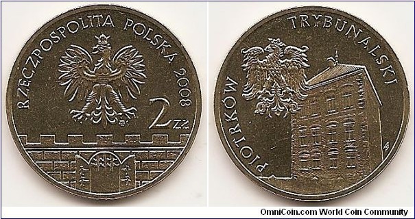 2 Zlote
Y#628
8.1500 g., Brass, 27 mm. Subject: Historical Cities in Poland Obv: In the central part of the image of the Eagle established as the State Emblem of the Polish Republic. On the right side the inscription: 2Zł. A semicircular inscription: RZECZPOSPOLITA POLSKA and the year of issue, 2008. Below the Eagle, a stylized fragment of the old city wall with battlements and from the gateway of the gaping gate, with a raised trellis in the lumen. Under the left talon of the Eagle the Mint mark: MW Rev: The image of the Royal Castle in Piotrkow. At the top left of the magnified image of Orla Jagiellons placed on the wall of the castle. The left side semicircular inscription: PIOTRKÓW and at the top right of the semicircular inscription: TRYBUNALSKI. Edge: an inscription: NBP, repeated eight times, every second one inverted by 180 degrees, separated by stars. Coin designer: Ewa Tyc-Karpińska