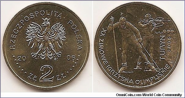 2 Zlote
Y#605
8.1500 g., Brass, 27 mm. Subject: XXth Olympic Winter Games: Turin 2006. Obv: Image of the Eagle established as the State Emblem of the Republic of Poland, at the sides of the Eagle the notation of the year of issue, 20-06, underneath the Eagle, an inscription, ZŁ 2 ZŁ, in the rim an inscription: RZECZPOSPOLITA POLSKA, preceded and followed by six pearls. The Mint’s mark under the Eagle’s left leg: M/W Rev: In the central part, stylized images of a running and shooting biathlonists. On the left-hand side, at the bottom, a semicircular inscription, XX ZIMOWE IGRZYSKA OLIMPIJSKIE (20th WINTER / OLYMPIC / GAMES). On the right-hand side, a vertical inscription, TURYN/2006. Above, a stylized image of a fragment of a shooting target. Edge: An inscription, NBP, eight times repeated, every second one inverted by 180 degrees, separated by stars. Obv. designer: Ewa Tyc-Karpińska Rev. designer: Robert Kotowicz