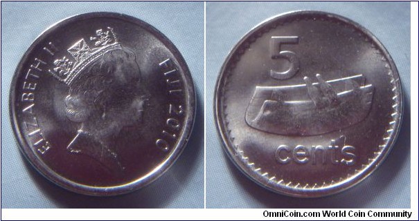 Fiji | 
5 Cents, 2010 | 
19.5 mm, 2.34 gr. | 
Nickel bonded Steel |  

Obverse: Queen Elizabeth II facing right, date right | 
Lettering: ELIZABETH II FIJI 2010 | 

Reverse: Fijian drum, denomination above | 
Lettering: 5 cents |