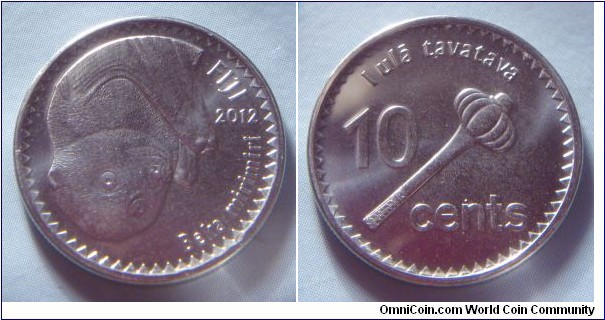 Fiji | 
10 Cents, 2012 | 
21.4 mm, 3.6 gr. | 
Nickel plated Steel |  

Obverse: Fiji Flying Fox, date right | 
Lettering: FIJI 2012 Beka mirimiri | 

Reverse: Fijian throwing club, denomination left | 
Lettering: I ulā tavatava 10 cents |