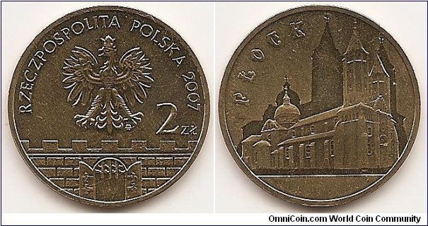 2 Zlote
Y#617
8.1500 g., Brass, 27 mm. Subject: Historical Cities in Poland Obv: In the central part of the image of the Eagle established as the State Emblem of the Polish Republic. On the right side the inscription: 2Zł. A semicircular inscription: RZECZPOSPOLITA POLSKA and the year of issue, 2007. Below the Eagle, a stylized fragment of the old city wall with battlements and from the gateway of the gaping gate, with a raised trellis in the lumen. Under the left talon of the Eagle the Mint mark: MW Rev: The image of the cathedral basilica church. Assumption of the Blessed Virgin Mary in Plock and its shadow in the background. On the left side, a semicircular inscription: PŁOCK. Edge: an inscription: NBP, repeated eight times, every second one inverted by 180 degrees, separated by stars. Obv. designer: Ewa Tyc-Karpińska Rev. designer: Robert Kotowicz