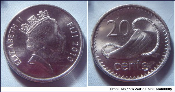 Fiji | 
20 Cents, 2010 | 
24 mm, 4.68 gr. | 
Nickel plated Steel |  

Obverse: Queen Elizabeth II facing right, date right | 
Lettering: ELIZABETH II FIJI 2010 | 

Reverse: Tabua and Braided Sennit Cord, denomination left | 
Lettering: 20 cents |