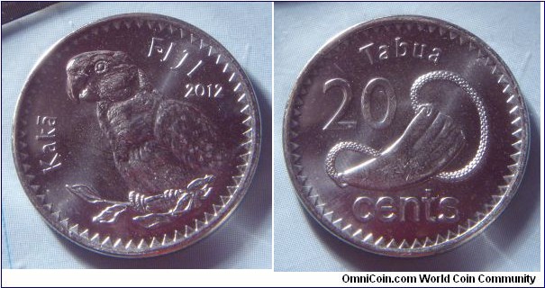 Fiji | 
20 Cents, 2012 | 
23.85 mm, 4.75 gr. | 
Nickel plated Steel |  

Obverse: Kadavu Shining Parrot, date right | 
Lettering: FIJI 2012 Kakā | 

Reverse: Tabua and Braided Sennit Cord, denomination left | 
Lettering: Tabua 20 cents |