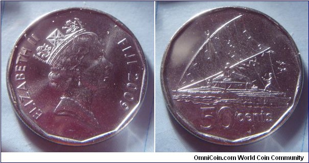 Fiji | 
50 Cents, 2009 | 
26.5 mm, 6.5 gr. | 
Nickel plated Steel |  

Obverse: Queen Elizabeth II facing right, date right | 
Lettering: ELIZABETH II FIJI 2009 | 

Reverse: Sailing canoe, denomination below | 
Lettering: 50 cents |