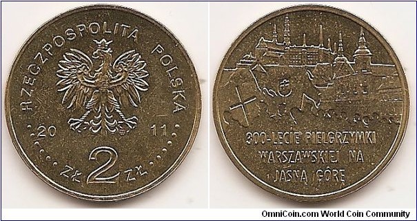 2 Zlote
Y#784
8.1500 g., Brass, 27 mm. Subject: 300th Anniversary of Warsaw Pilgrimage to the Marian Shrine of Jasna Góra in Częstochowa. Obv: Image of the Eagle established as the State Emblem of the Republic of Poland, at the sides of the Eagle the notation of the year of issue, 20-11, underneath the Eagle, an inscription, ZŁ 2 ZŁ, in the rim an inscription: RZECZPOSPOLITA POLSKA, preceded and followed by six pearls. The Mint’s mark under the Eagle’s left leg: M/W Rev: At the top, stylised image of The Pauline monastery on Jasna Góra in Częstochowa. Below, on the right, stylised fragment of the Church of the Pauline Order, dedicated to the Holy Ghost, in Warsaw. At the bottom, against the background of stylised contours of a pilgrim group with a cross and flags, inscription: 300-LECIE PIELGRZYMKI/WARSZAWSKIEJ NA/JASNĄ GÓRĘ (300th ANNIVERSARY OF THE WARSAW PILGRIMAGE TO JASNA GÓRA). Edge: An inscription, NBP, eight times repeated, every second one inverted by 180 degrees, separated by stars. Obv. designer: Ewa Tyc-Karpińska Rev. designer: Dominika Karpińska-Kopiec