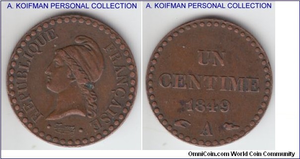 KM-754, 1849 France centime, Paris mint (A mintmark); bronze, plain edge; very or so.
