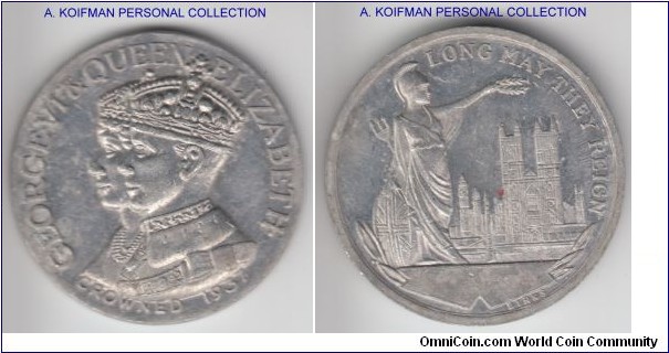 1937 Canada coronation medal; aluminum, plain edge, 32 mm; unlooped variety, designer or maker BIRKS, obverse cojoined busts of George VI and Queen Elizabeth (Mother) in high relief, reverse Britannia and Westminster Abbey with LONG MAY THEY REIGN inscription along the edge.