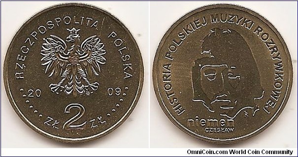 2 Zlote
Y#684
8.1500 g., Brass, 27 mm. Subject: History of Polish Popular Music: Czesław Niemen. Obv: Image of the Eagle established as the State Emblem of the Republic of Poland, at the sides of the Eagle the notation of the year of issue, 20-09, underneath the Eagle, an inscription, ZŁ 2 ZŁ, in the rim an inscription: RZECZPOSPOLITA POLSKA, preceded and followed by six pearls. The Mint’s mark under the Eagle’s left leg: M/W Rev: A stylized image of the face of Czesław Niemen. At the bottom, an inscription, niemen/CZEsŁAW. In the rim, a semicircular inscription, HISTORIA POLSKIEJ MUZYKI ROZRYWKOWEJ. Edge: An inscription, NBP, eight times repeated, every second one inverted by 180 degrees, separated by stars. Obv. designer: Ewa Tyc-Karpińska Rev. designer: Robert Kotowicz