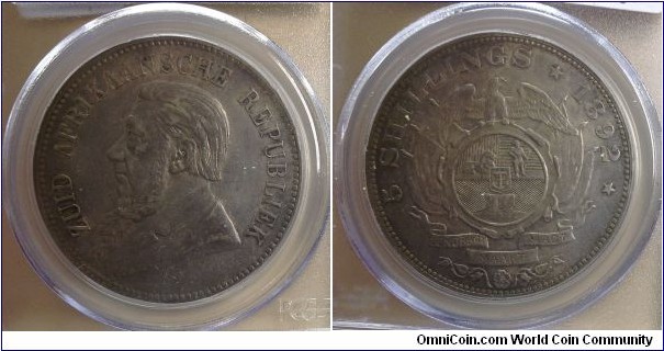 KM-8.1, 1892 Zuid-Afrikkansche Republiek (ZAR) South Africa 5 shillings; silver, reeded edge; PCGS graded XF45, nice toning.