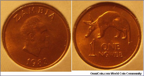 Zambia | 
1 Ngwee, 1983 | 
17.5 mm, 2.1 gr. | 
Copper clad Steel | 

Obverse: First president of Zambia, Kenneth Kaunda facing right, date below | 
Lettering: ZAMBIA 1983 | 

Obverse: The African anteater Aardvark (Orycteropus afer), denomination below | 
Lettering: 1 ONE NGWEE |