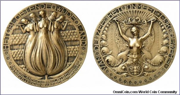 1912 Nethenland Horticulture Medal  by Ch. Van der Hoef. Bronze: 65MM./121 gms.
Obv: Five Grace form the shape of a tulip bud in a decoration of flowers. Rev: Bare chested Mermaid standing facing, holding above her head a large shell in a decoration of shell.
