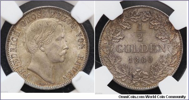 KM-234, 1860 German States Baden 1/2 gulden; silver, reeded edge; NGC graded MS-65, but mislabeled the catalog number as KM-243 - it is KM-234 as clearly it is signed VOIGT on obverse; nice grayish tone.