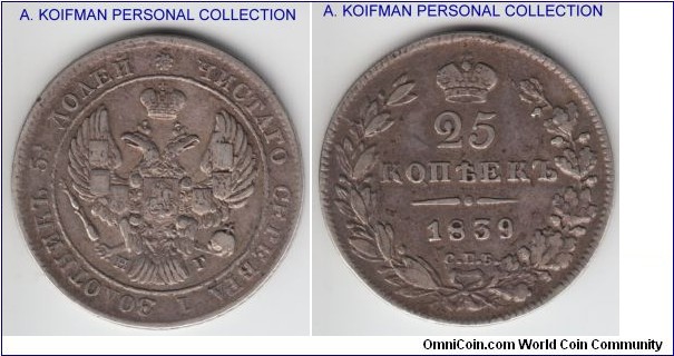 C#166.1, 1839 Russia (Empire) 25 kopeks; silver, engrailed edge; a very fine specimen, looks like a test cut on the edge on obverse.