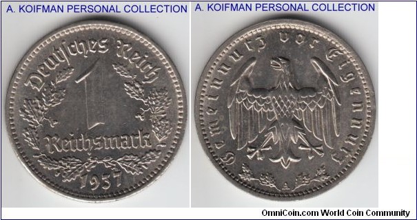 KM-78, Germany (Third Reich) one reichsmark, Berlin mint (A mint mark); nickel, plain engraved edge; average uncirculated;