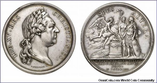 1773 France Louis XV (1715-1774) Marriage of Comte d'Artois (futher Charles X) with Marie Therese of Savoy Medal by Duvivier. Silver: 41.77MM./35.26 gms.
Obv: Laureate haed right, legend LUD.XV.REX.CHARISTIANISS. Signed B. DUVIVIER F. Rev: Winged genius holding touch facing Marie Therese of Savoy and Comte d'Aetois. .Signed DUVIV. Legend SPES ALTERA. Exergue M.THER.REG.SARD.FILIA/CAR.PHIL.COMITI ARTES./NUPTA/M DCCLXXIII.
