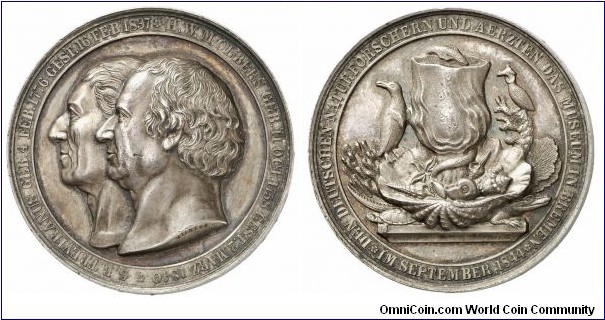 1844 Germany Bremen Museum, Treviranus & Olbers, Astronomer & Naturalist Medal. Silver: 80 gms.
Obv: Conjoined busts left. Legend G.R.TREVIRANUS.4 FEB 1776 GEST.16 FEB 1837. H.W.M.OLBERS GEB.11 OCT.1758 GEST.2 MARZ 1840. Signed WILKENS Rev: Shells, Pinguin, Eel & Bird above various Corals, Shells. Below Turtle & Crocodile. Legend DEN DEUTSCHEN NATURFORSCHERN UND AERZTEN DAS MUSEUM IN BREME. IM SEPTEMBER 1844. 
