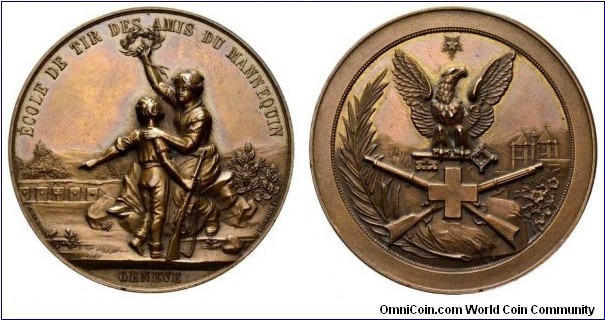 1800 o j  Swiss Geneve Ecole De Tir Des Amis Du Mannequin.Schutzentaler Shooting Medal by Charles Jean Richard/J. Hedmann. Bronze: 45MM./37.33 gms. 
