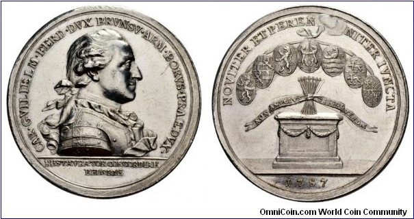 1787 Germany Brunswick Luneburg Karl Wilhelm Ferdinand (1780-1806) On the restoration of the Union of the States General. Medal by J. H. Boltschauser. Silver: 23.19 gms.
Obv: Geharnischtes chest image to right. Legend CAR.GVILIEL M.FERD.DVX BRVNSV.ARM.BORVS.PRA E DVX. Exergue RESTAVRATOR CONCORDIADE BELGIOSE  Rev: Altar with arrow bundle that is bound together by a banner, about seven coats of arms, held in the ahnd of clouds, Legend NOVITER ETPEREN NITER IVNCTA. Exergue 1787.
