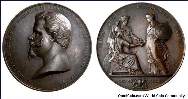 1855 UK Italy Vittorio Emanuele II (1849-1878) Visit of London Medal of the House of Savoy by B. Wyon. Bronze: 77MM./170.6 gms.
Obv: Vittorio Emanuele II breast picture to right. Legend VICTORIUS EMMANUEL II REX SARDINIAE IN LONDINIUM A PRAESIDE GIVIBUSQUE RECEPTUS. Signed B. WYON SC. Rev: Londinoa & Britannia welcome Sardinia. Signed B. WYON S. Legend LIBERI LIBERIS GRATULANTUE SOCIIS. Exergue DEC 1855 between Coats of Arm of London.
