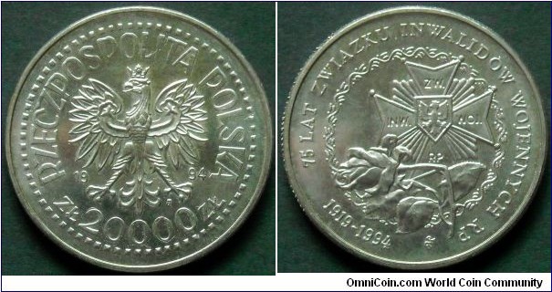 Poland 20000 złotych.
1994, 75 Years of Association of War Disabled.