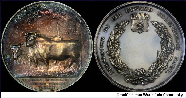 1850 UK Glasgow Agricultural Society Medal by William Wyon. Silver: 57MM.
Obv: Two cows, a bull and a heifer, under a Oak tree. Exergue legend THE EARTH IS THE LORD'S AND THE FULNESS THEREOF. Signed WILLIAM WYON. Rev: Colebroke Arms above thistle wreath. Legend PRESENTED BY SIR EDWARD COLEBROOKE BART.
