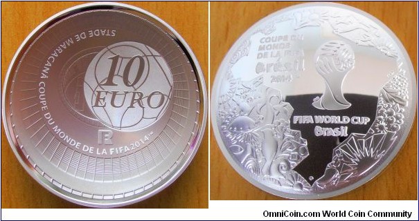 10 Euro - FIFA World Cup Brazil - 22.2 g Ag .900 silver Proof (concav coin) - mintage 10,000