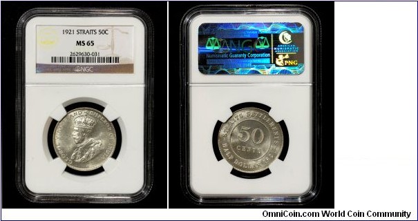 SS Kg George V
Denomination : 50 cts. 
Composition : Silver 500 Fine
Denomination : 50cts 
Year : 1921
Mintage : 2,579,413
Grade : NGC MS65