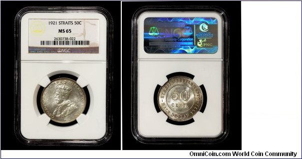 SS Kg George V
Denomination : 50 cts. 
Composition : Silver 500 Fine
Denomination : 50cts 
Year : 1921
Mintage : 2,579,413
Grade : NGC MS65