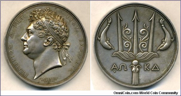 1824 UK George IV Naval Aid to Greece Medal by Benedetto Pistrucci. Silver: 60MM./125.1gms.
Obv: Portrait of George IV in diademed head left. Legend in Greek ΓΕΩΡΓΙΟΣ Δ ΜΕΓ ΒΡΕΤ ΒΑΣΥΛΕΥΣ(George IV, King of Great Britain). Signed 