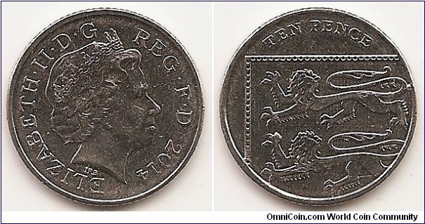 10 Pence
KM#1110d
6.5000 g., Nickel Plated Steel, 24.5 mm. Ruler: Elizabeth II Obv: Head with tiara right Rev: Section of Royal Arms - two lions