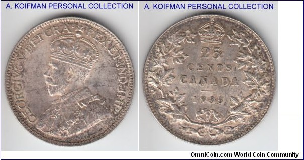 KM-24a, 1935 Canada 25 cents; silver, reeded edge; extra fine, interesting color - luster and tonign at the same time.