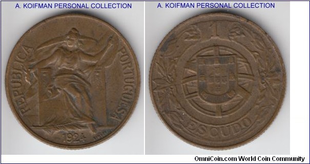 KM-576, 1924 Portugal escudo; aluminum-bronze, reeded edge; good extra fine or slightly better, scarce in this grade, but does have a couple of spots on reverse.