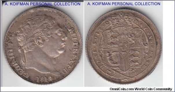 KM-665, 1819 Great Britain 6 pence; silver, reeded edge; toned extra fine.