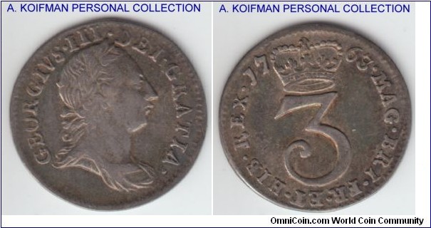 KM-591, 1763 Great Britain 3 pence; silver, plain edge; good very fine to about extra fine.
